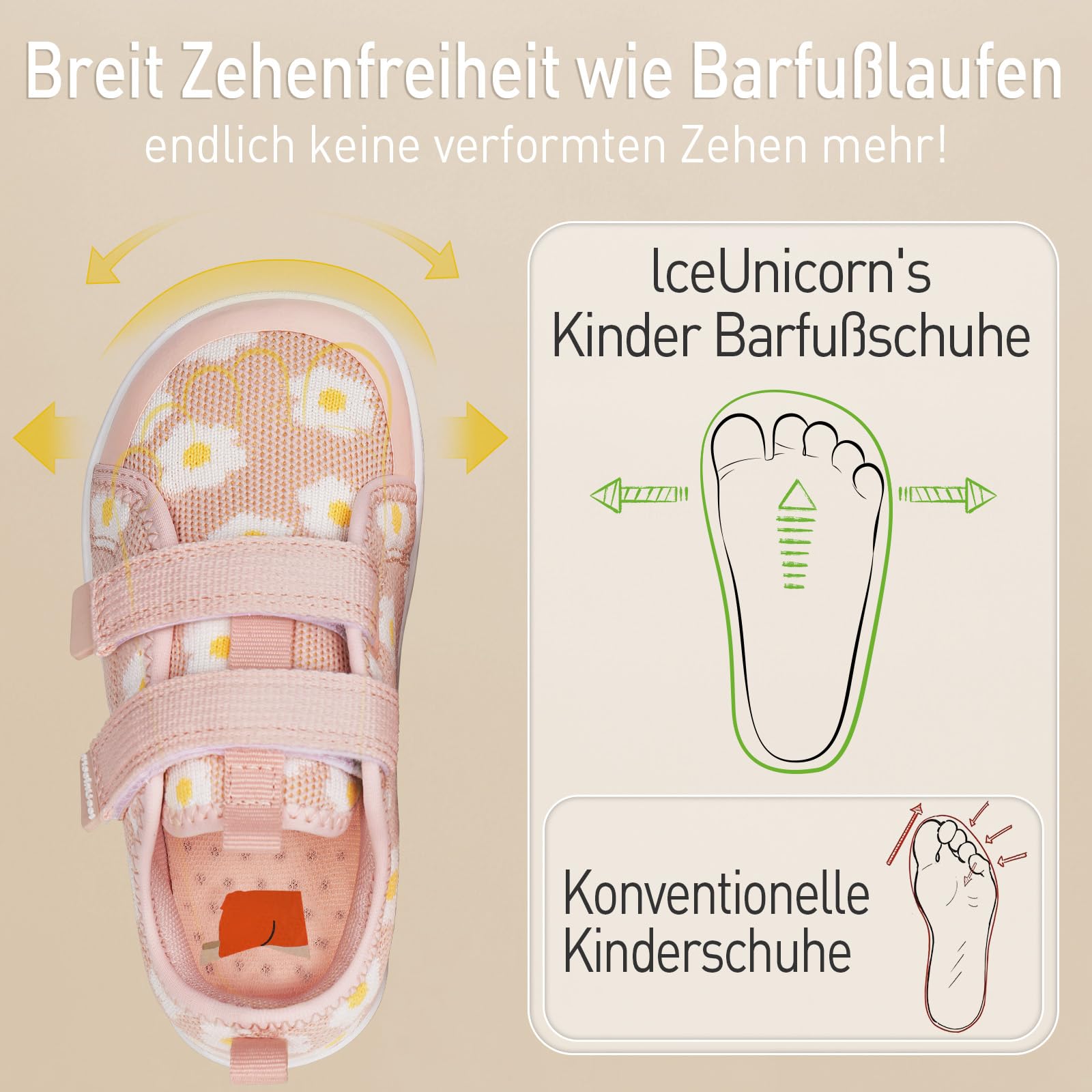 IceUnicorn Kinder Barfußschuhe Breite Zehenbox Jungen Mädchen Hausschuhe Minimalistische Outdoor Traillaufschuhe Walking Schuhe(Nude Pink, 24EU Weit)