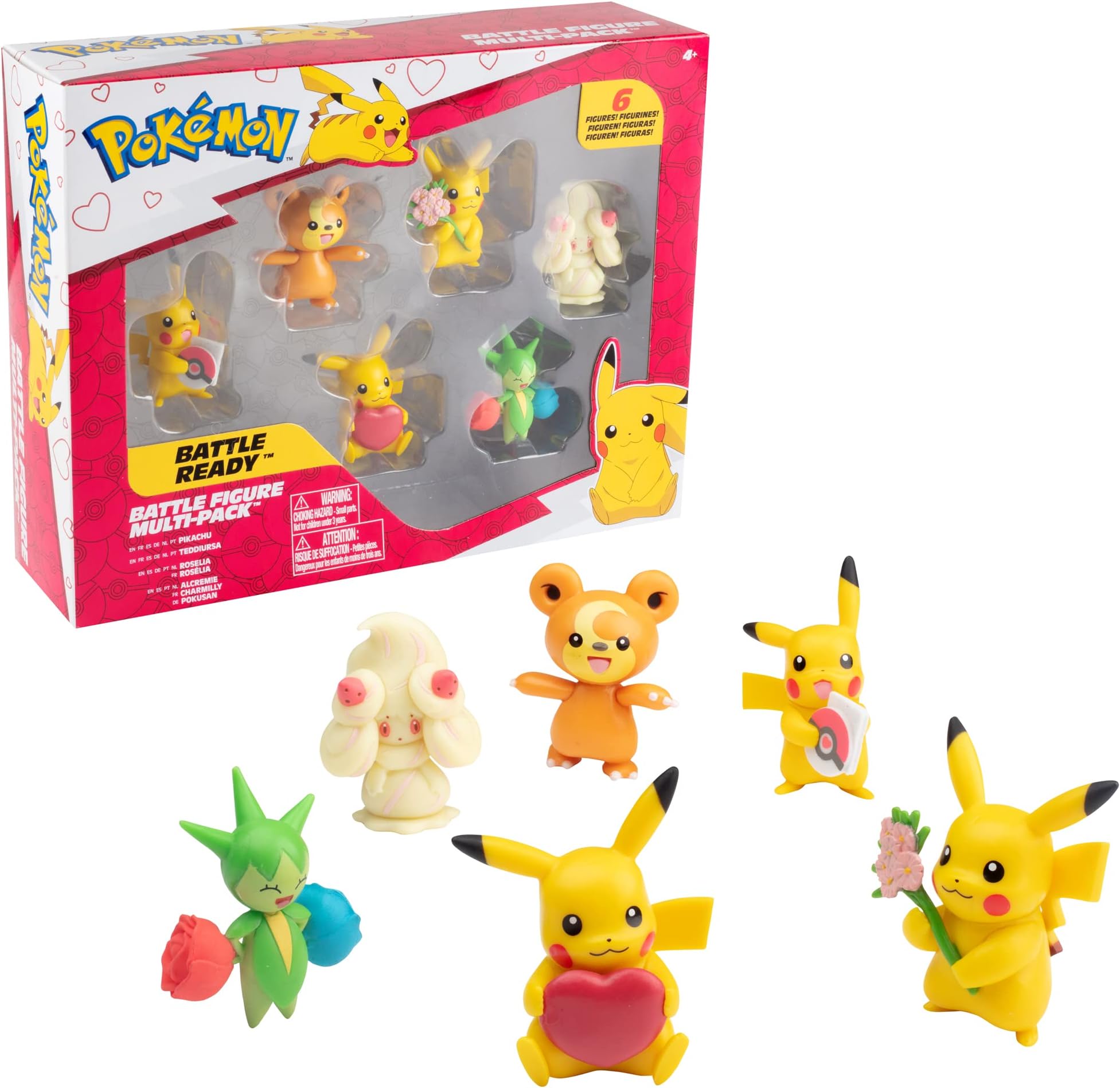 Pokémon Battle Ready! Valentine Figure Toy Set, 6 Pieces - Collectible Edition - Includes 3 Pikachu Styles, Teddiursa, Alcremie & Roselia - Officially Licensed - Gift for Kids, Boys & Girls - Ages 4+