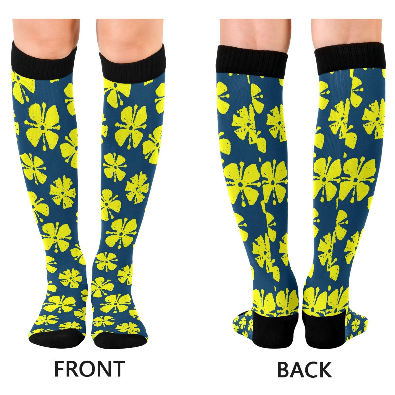 Dussdil Navy Yellow Crocus Compression Socks for Women Men Circulation Long Knee Sock for Sport Gym Running Stockings