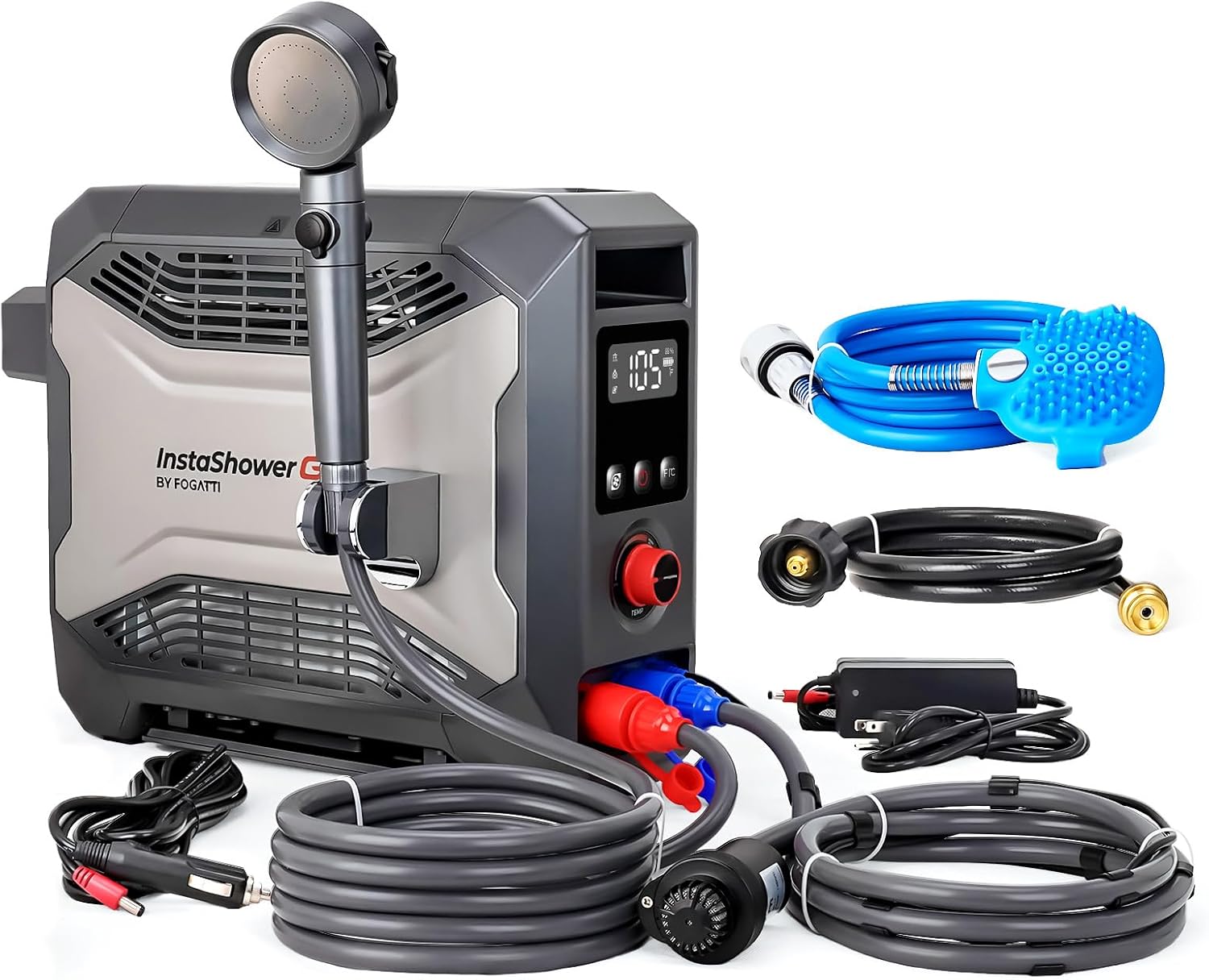 FOGATTI InstaShower GO Pro, Portable Propane Tankless Water Heater 22,000 BTU, with 5000mAh Rechargeable Built-in Battery, DC 12V, Outdoor Camping Shower