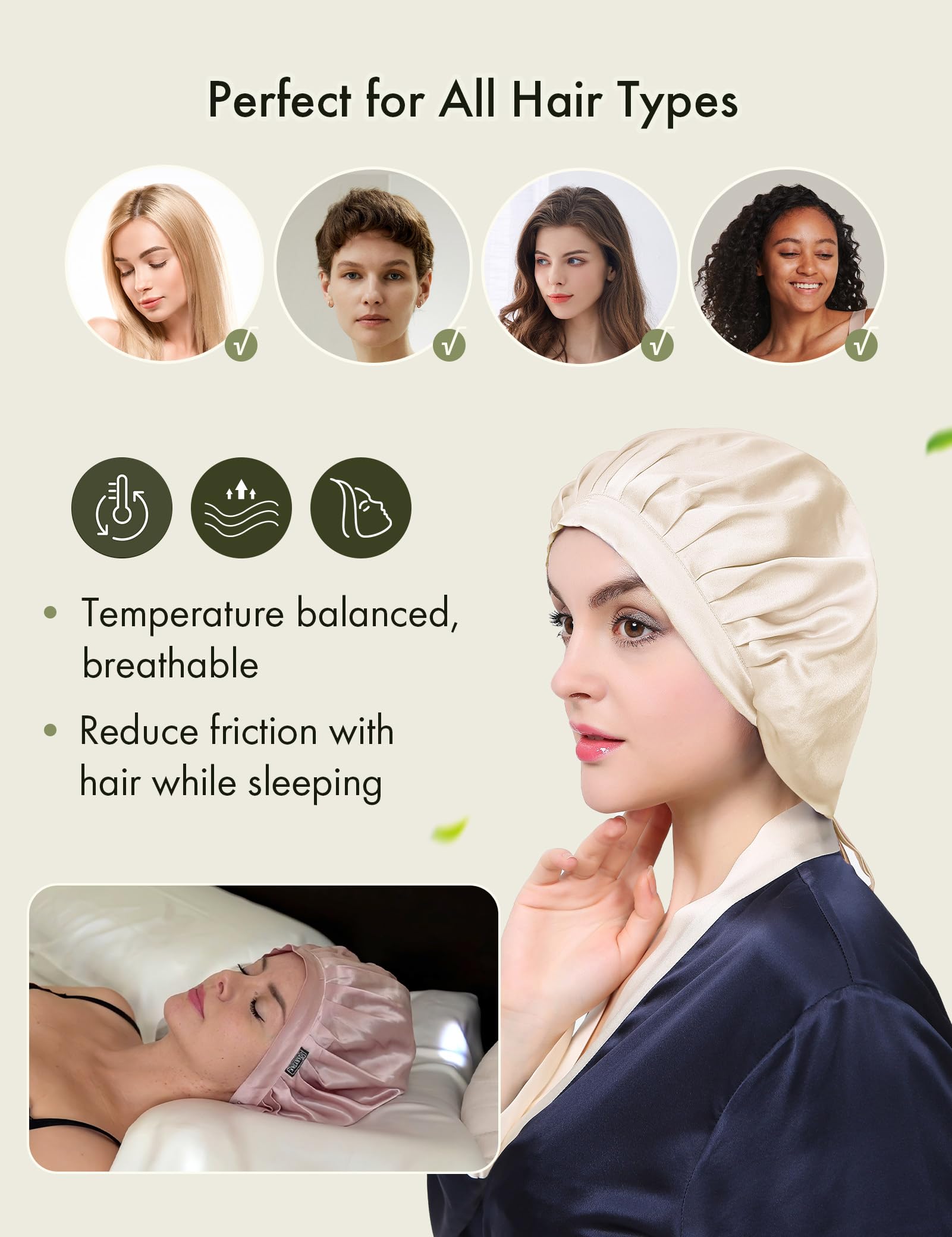 LilySilk 100% Maulbeerseide Schlafmütze rutschfest verstellbar und atmungsaktiver Kopfbedeckung Seidenhaube zum Schlafen Nachtmütze mit elastischem Band für alle Haartypen