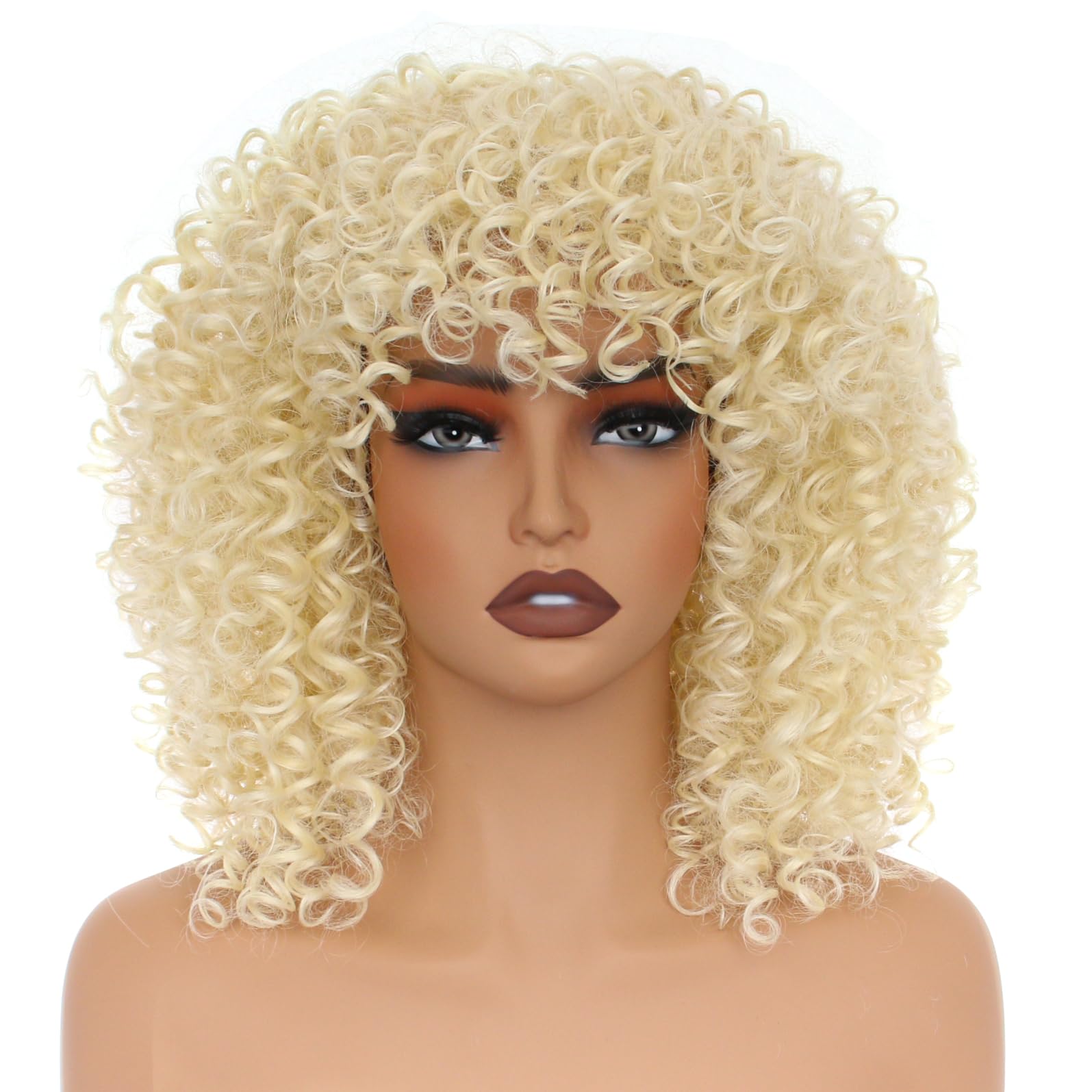 PORSMEER 14 Inch Kinky Curly Wigs for Black Women Afro Bomb Curly Wig with Bangs Synthetic Fiber Glueless Long Deep Wave Hair (Blonde) - Image 2
