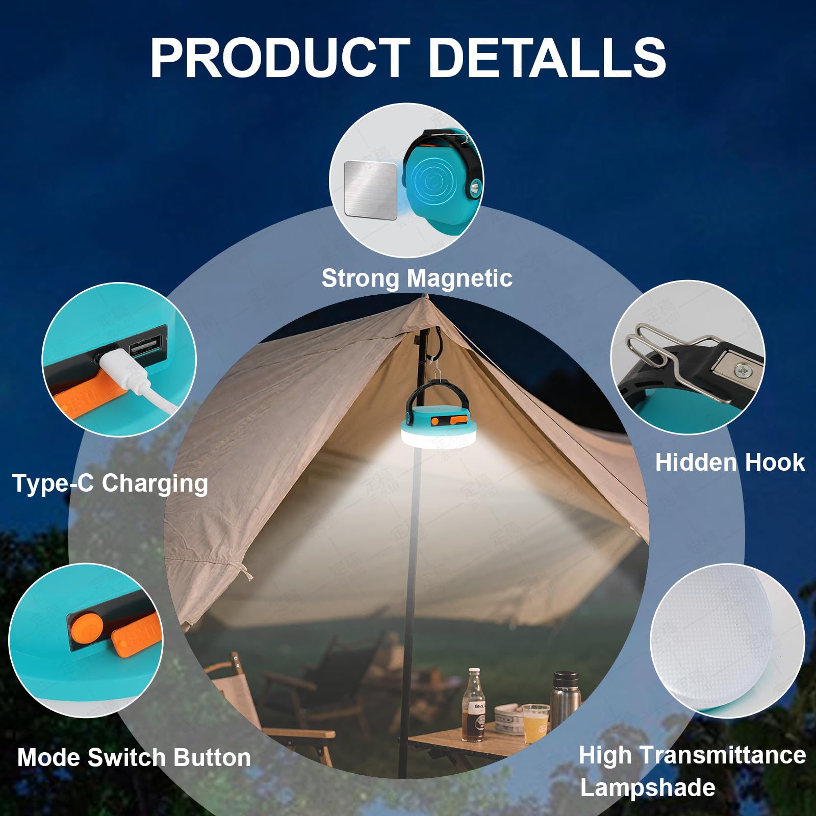 Luci da campeggio ricaricabili, 100 W 6000 mAh, lanterna da campeggio a LED per interruzioni di corrente, luce impermeabile per tenda di emergenza per campeggio con gancio magnetico, power bank e