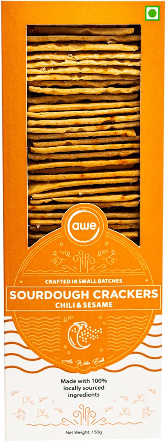 Awe Foods | Whole Wheat Sourdough Crackers | Infused With Hot Profile Of Chilli & Nutty Crunch Of Sesame | Tasty & Healthy Snack | No Preservatives | Perfect with Dips, Spreads or Cheese Platters | 150g