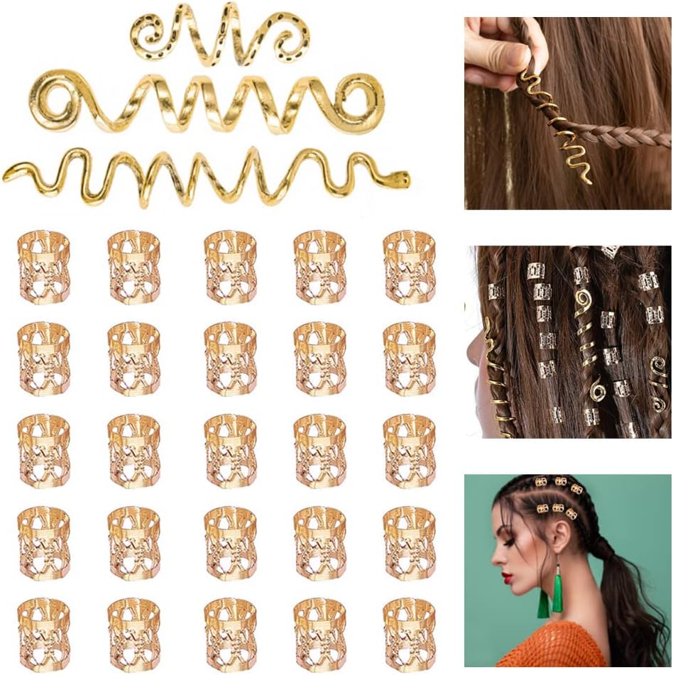 SIYINGSAERYPack of 28 Braids Beads Hair Accessories Gold Dreadlocks Hair Accessories Braids Beads Braids Hair Jewellery Hair Braid Rings Hair Coil Dreadlocks Hair Spiral Clips for Men Women Suitable