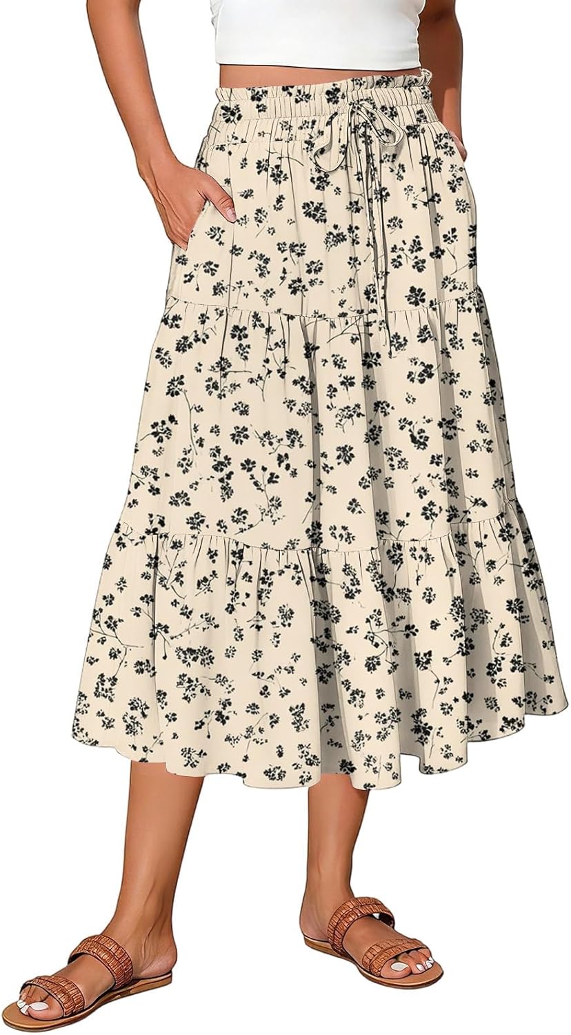 Midi Skirts for Women Flowy Swing Boho Floral Skirt Patterned A Line High Waisted Tiered Maxi Skirt Beach Outfits - Image 3
