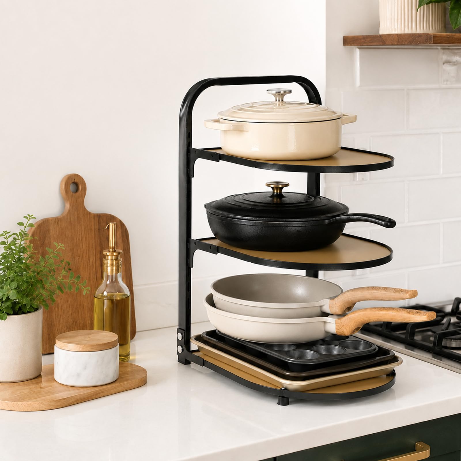 Organizador de sartenes para cocina, estante de cocina, sartén de cocina, estante de almacenamiento escalonado, estante de almacenamiento de 3 niveles ajustable para armario