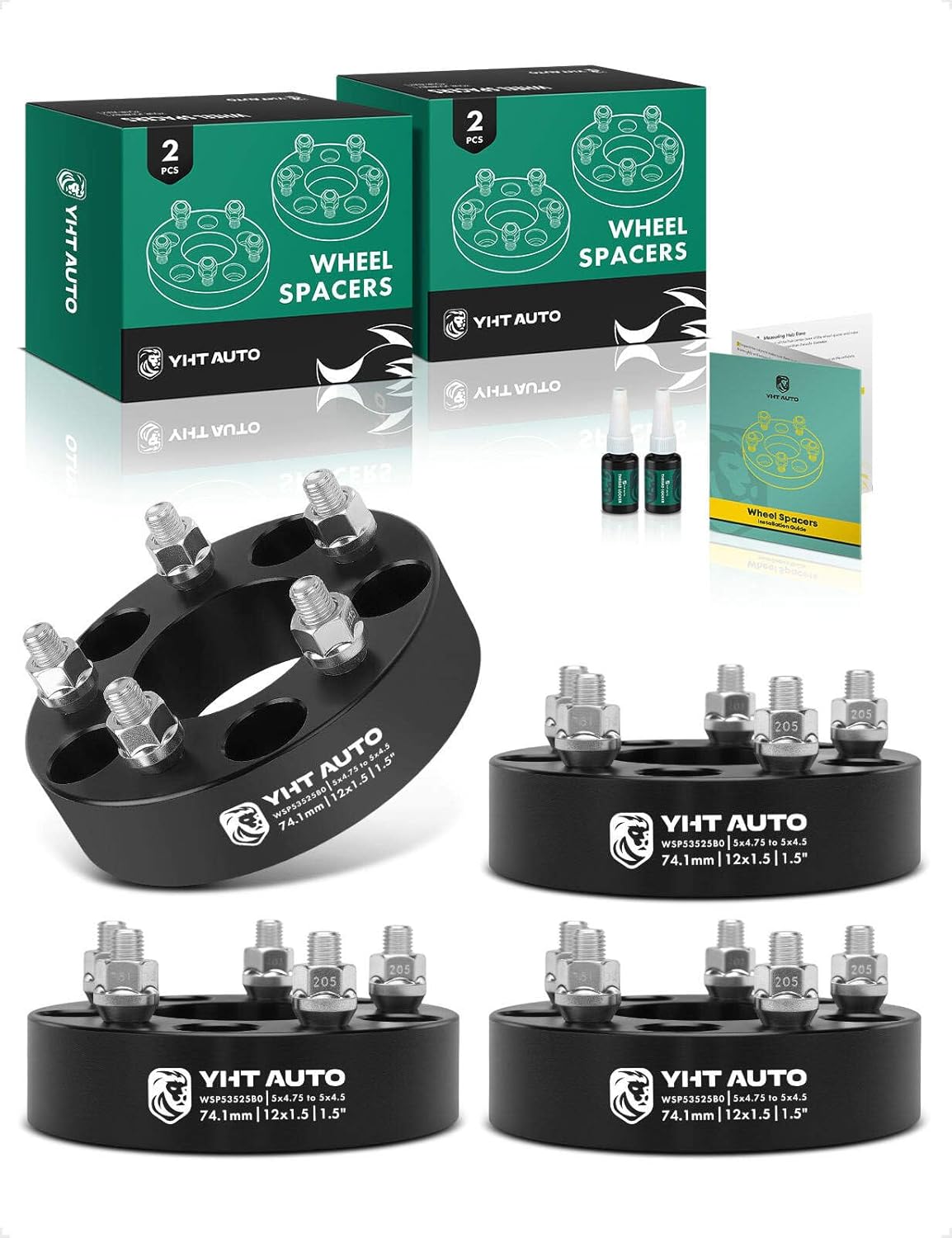 YHTAUTO 5x4.75 to 5x4.5 Wheel Adapters 1.5 Inch Compatible with Chevrolet & Cadillac & GMC & Pontiac, Tire Spacers w/12x1.5 & 12.9 Grade Studs, 74.1mm Center Bore 5 Lug 4PCS Black