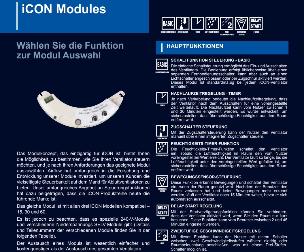 Airflow iCON HTM Steckmodul – Einstellbarer Feuchtigkeitssensor (40–90% rF), Nachlauf-Timer (2–45 Min) & Zugschalter-Aktivierung für iCON 15, 30 & 60 Lüfter – 3 Jahre Garantie