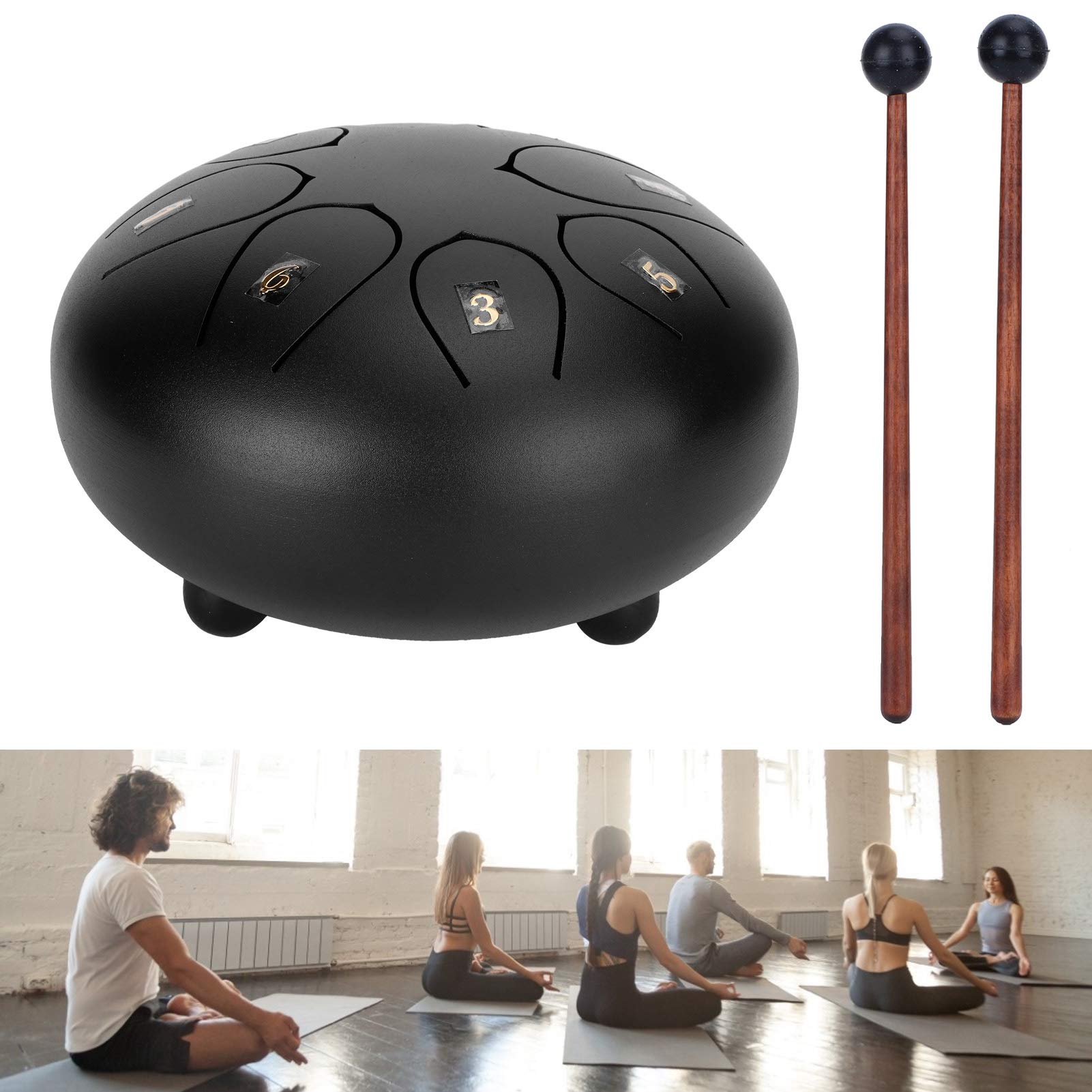 Tambour de Langue Handpan, Tambour de Langue de 6 Pouces, Tambours de Poêle à Main éthérés 8 Tons avec Instrument de Percussion de Pilon (Noir)