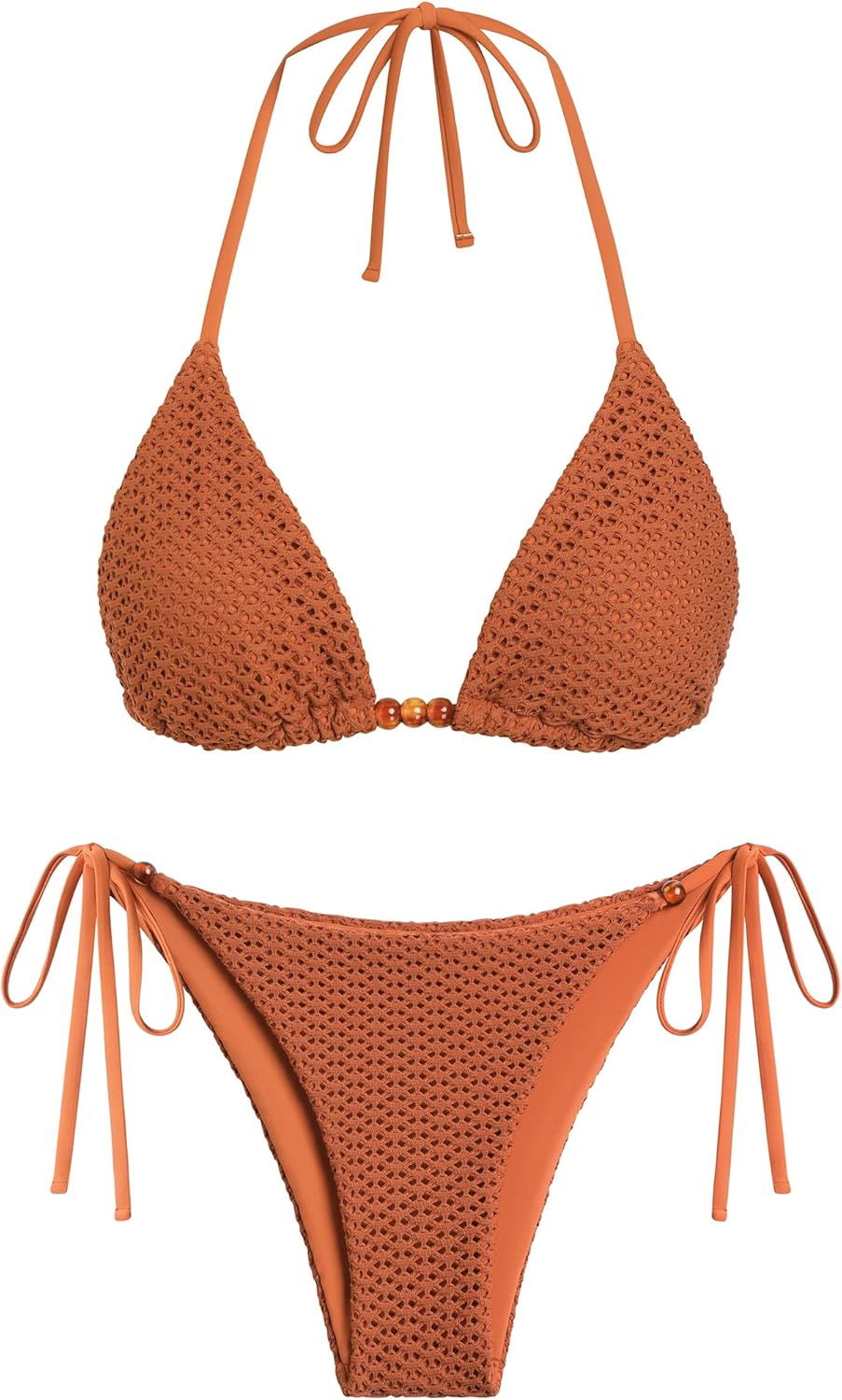 ZAFUL Women's Sexy Halter Bikini Sets Beads Tie Side Solid Triangle Thong Swimsuit Two Piece Cheeky Bathing Suits