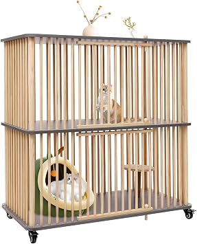 2 Tiers Wooden Cat House, Large Space Cage Cat Villa Indoor with Wheels, Kitten Cages with Shelter Indoor Outdoor Gray, 2 Tiers