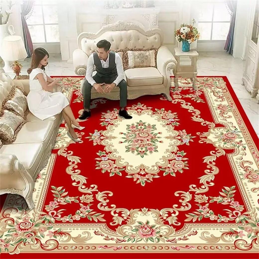 Grand tapis 200x250cm decoration chambre ado au style floral rouge