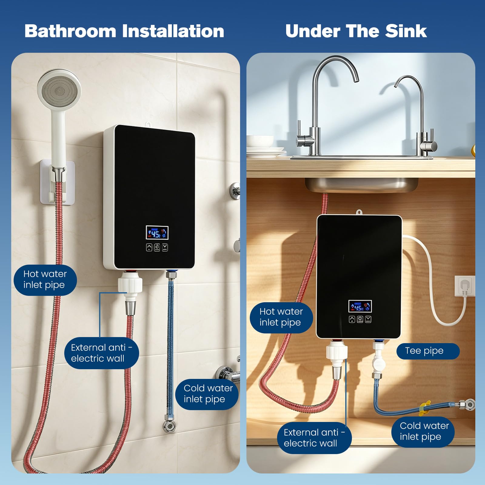 6000 W Calentador de agua instantáneo 230 V, agua eléctrico instantáneo con pantalla LED de temperatura, control de temperatura de 30-55 °C, resistente al agua IPX4 para ducha, cocina y baño
