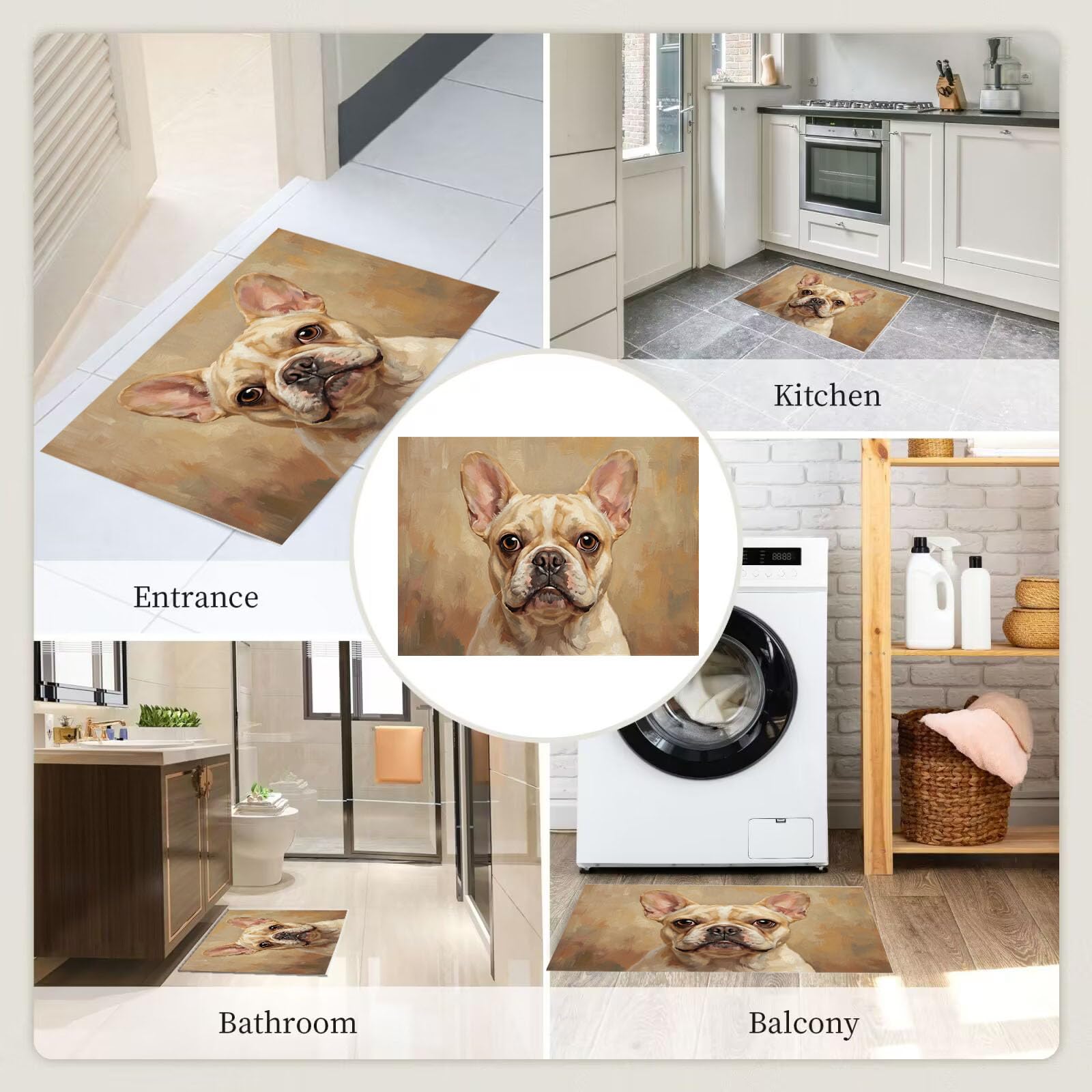 90X150Cm Zerbino Ingresso Interno Antiscivolo Assorbente, Tappeto Microfibra Sottile Lavabile Con Dipinti Antichi Animali Olio Un Adorabile Bulldog Francese Per Cucina Bagno Porta Animali, Marrone