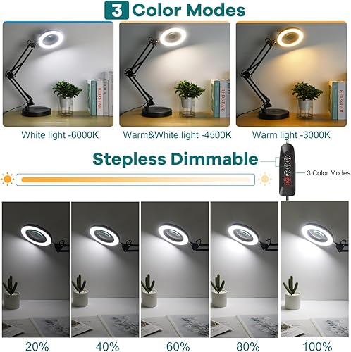 Miniatura 3 de Lupa de 10 veces con luz y soporte, lupa 2 en 1 con luz LED, 3 modos de color regulables continuos, lámpara de escritorio con aumento manos libres