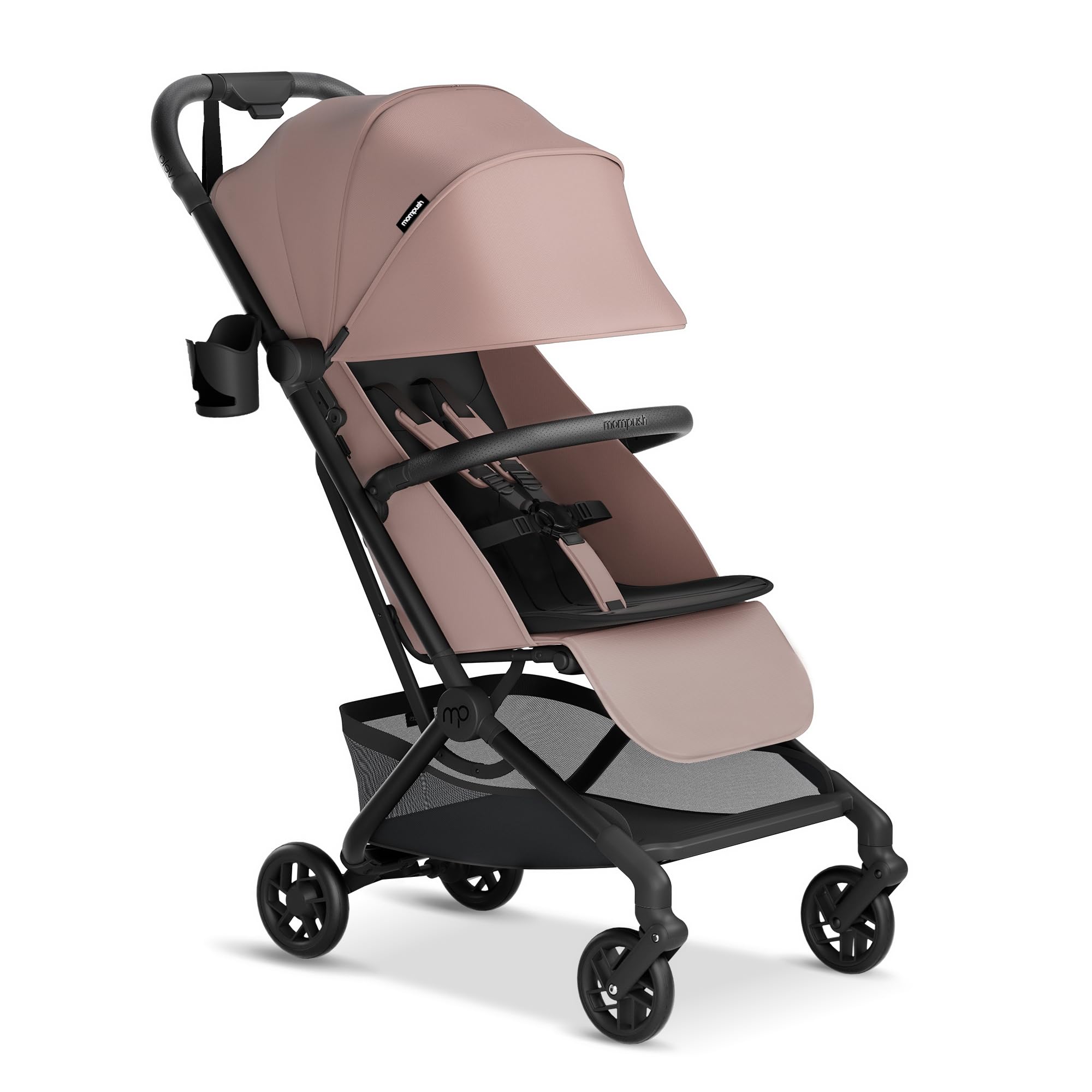 Mompush Velo Lightweight Travel Stroller, Compact & Airplane-Friendly for Baby and Toddler, Lie-Flat Seat, One-Hand Fold, with Leather Bumper Bar,