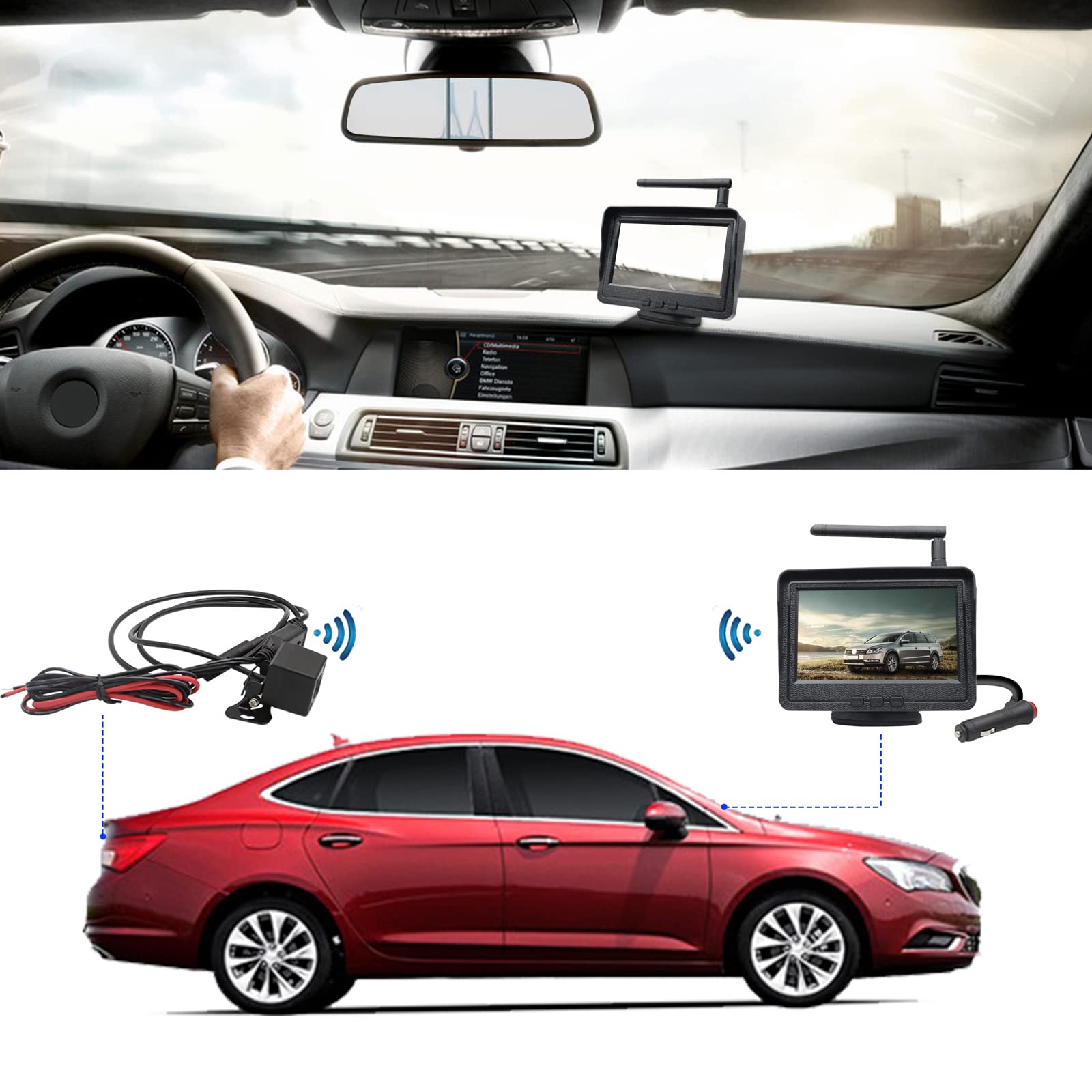 OBEST Kit Cámara Trasera Inalámbrica WiFi con Monitor 4,3 Pulgadas | Camara Marcha Atrás IP67 Resistente al Agua + TFT Monitor Set