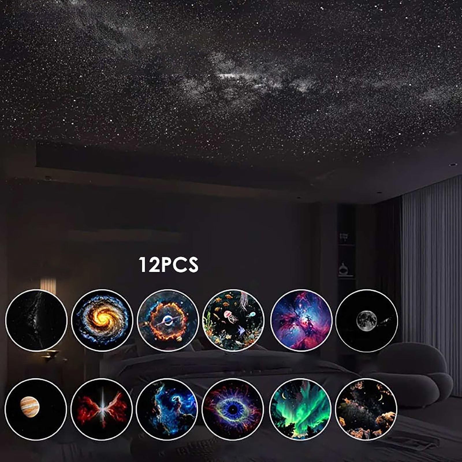 Proyector de Galaxias, Proyector de Cielo Estrellado y Luz Nocturna 2 en 1, Lámpara LED Espacial Galaxia Ajustable 360°, Iluminación Ambiental USB de Vía Láctea para Decoración de Techo (12Pcs)