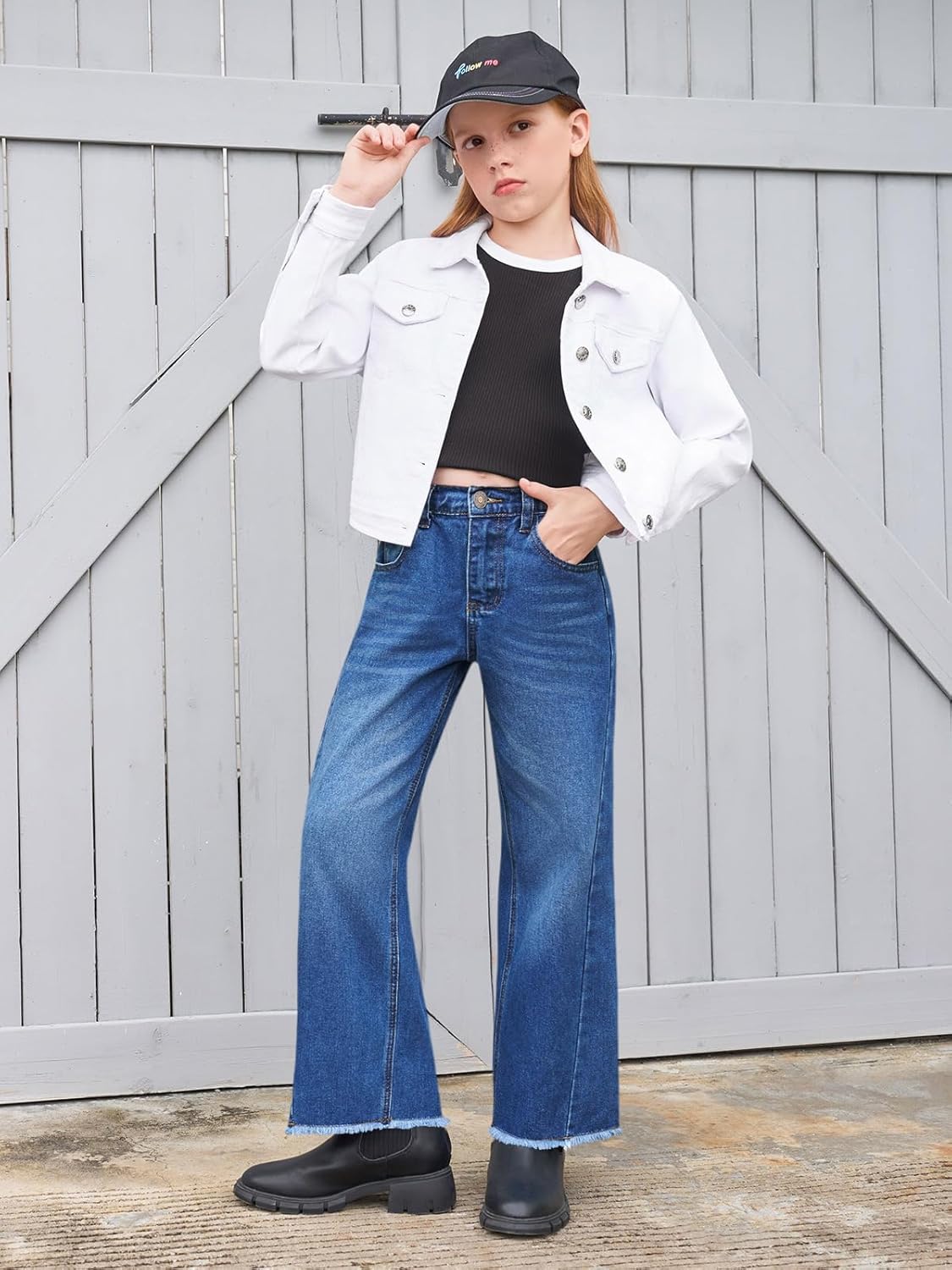 Haloumoning Girls Wide Leg Jeans Kids Elastic High Waisted Raw Hem Denim Pants with Pockets 5-14 Years - Image 5