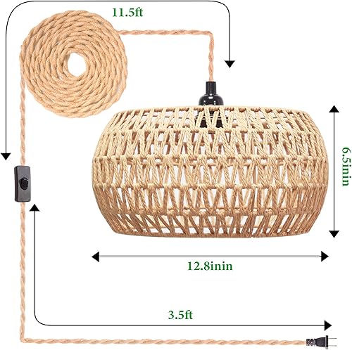 Miniatura 3 de Lámpara colgante de ratán con interruptor de encendidoapagado, pantalla tejida de ratán, lámpara colgante enchufable para sala de estar, dormitorio,