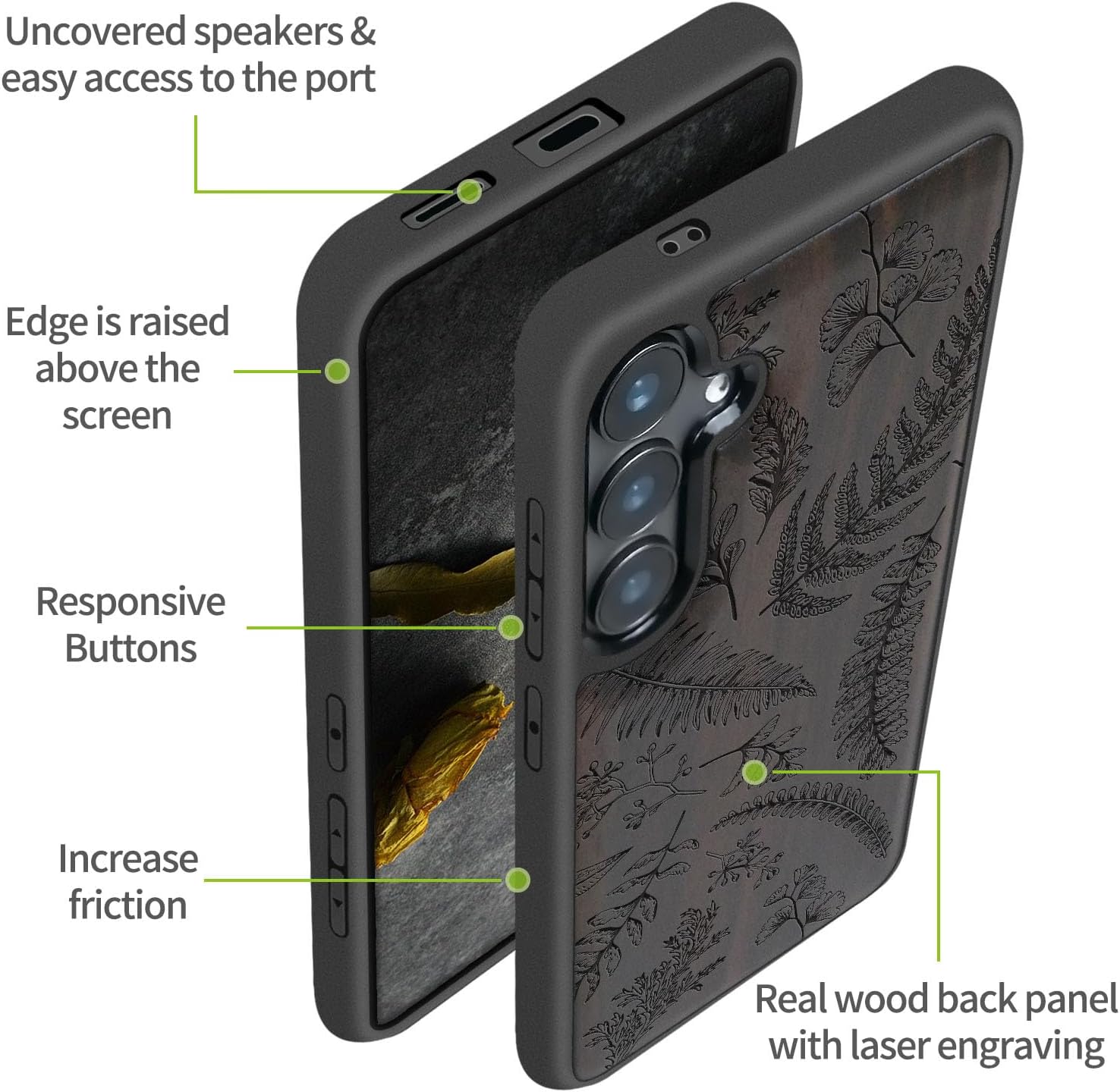 Carveit Magnetic Wooden Case for Samsung Galaxy S25 Case 2025, TPU Shockproof Cover & Wood Artisan Engraved, Compatible with MagSafe Wireless Chargers (Fern Leaves & Herbs) Blackwood