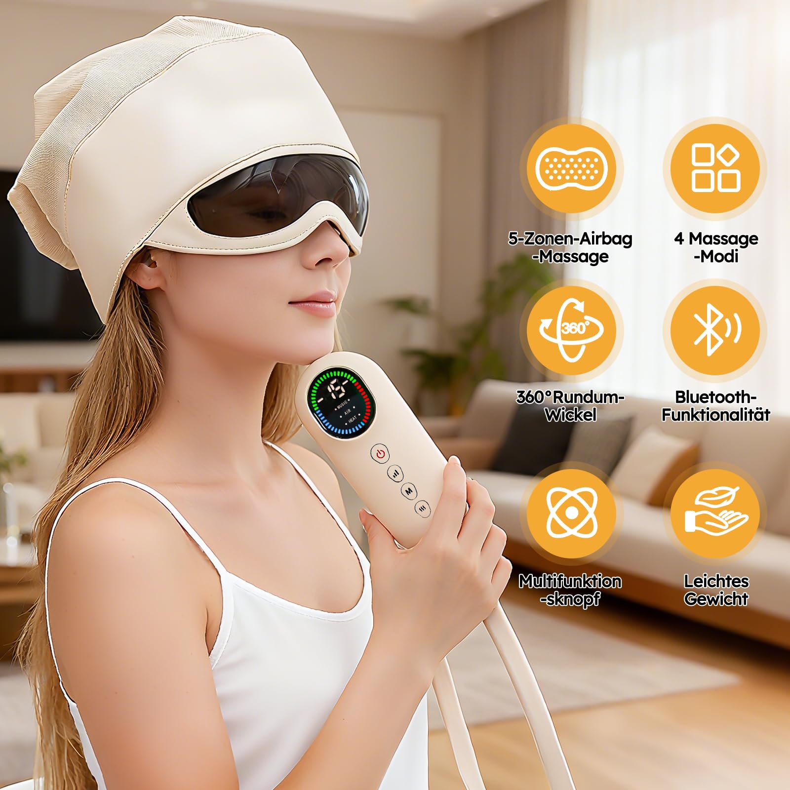 Masajeador de cabeza eléctrico 2 en 1 con cojín de aire de 5 zonas y calor ocular, con 4 modos de masaje y compresa térmica de ojos de 3 niveles para aliviar el estrés, el mejor regalo