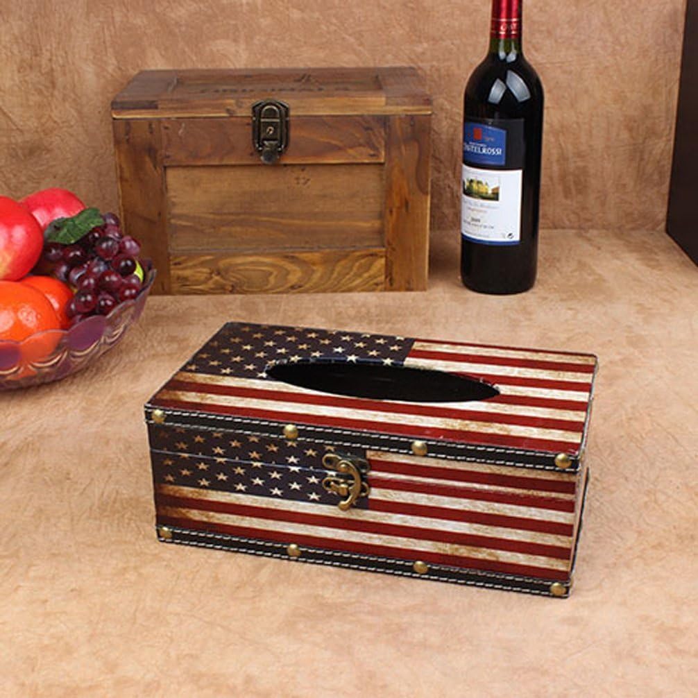 DreamsEden Wooden Tissue Box Cover Holder - Vintage Flag Style Classical Napkin Box for Home Office Room Decor (American Flag)