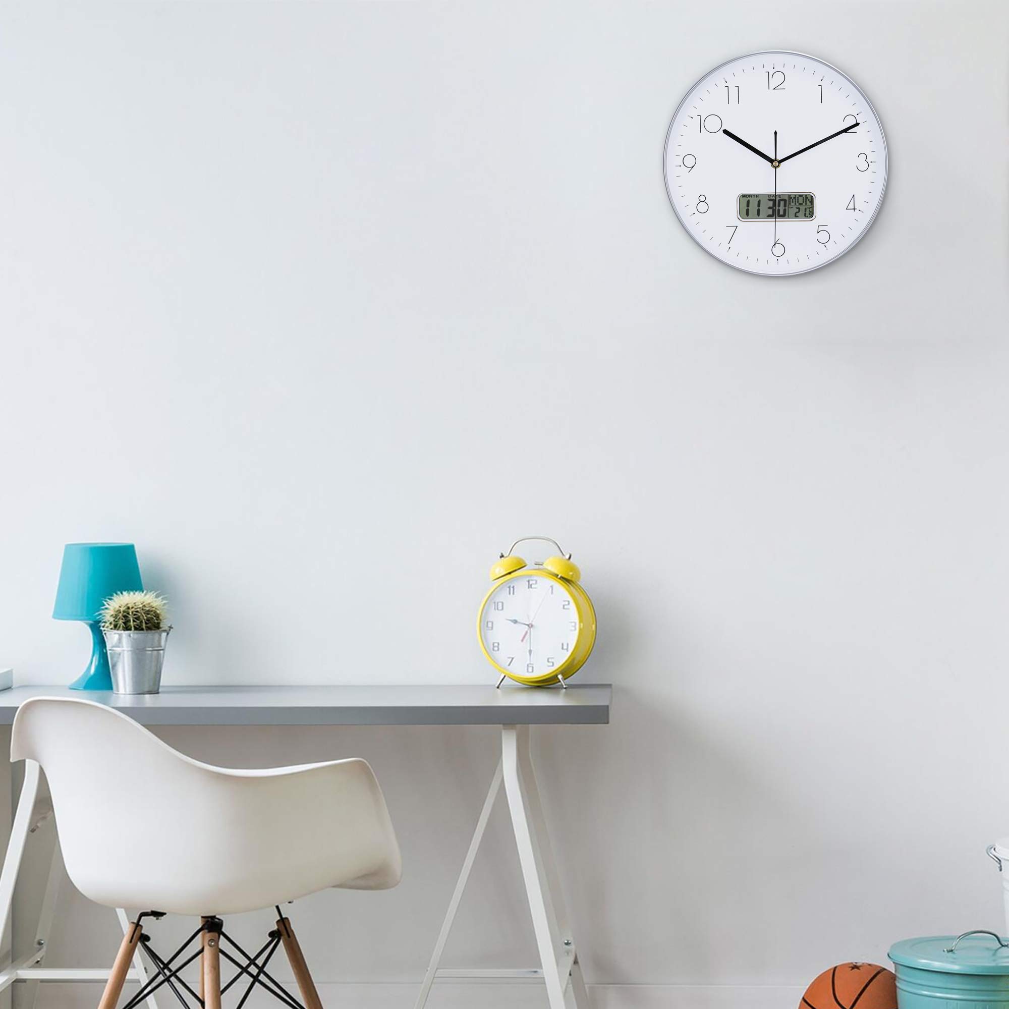 Lafocuse Modern 12" Silver Wall Clock with Date and Day of Week Battery