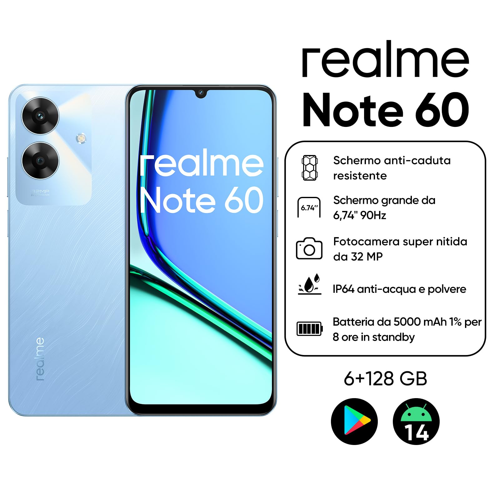 realme Note 60 Smartphone Android, 4G Telefono Cellulare Dual SIM, 90Hz Display LCD da 6.74", 6GB RAM 128GB ROM, Batteria da 5000 mAh, 32MP Fotocamera chiara, Blu, senza Adattatore