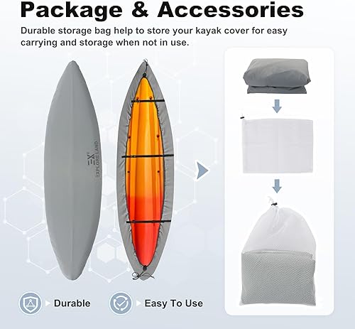 Miniatura 8 de Explore Land Cubierta impermeable para kayak, protección UV, cubierta de almacenamiento de polvo de canoa 600D, adecuada para kayak de 12.3 a 13.5