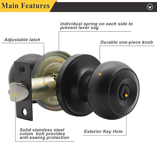 Miniatura 5 de Probrico Perillas de puerta exterior con cerradura con cerradura de bola plana para puerta de entrada en color negro, llave interior, herrajes de