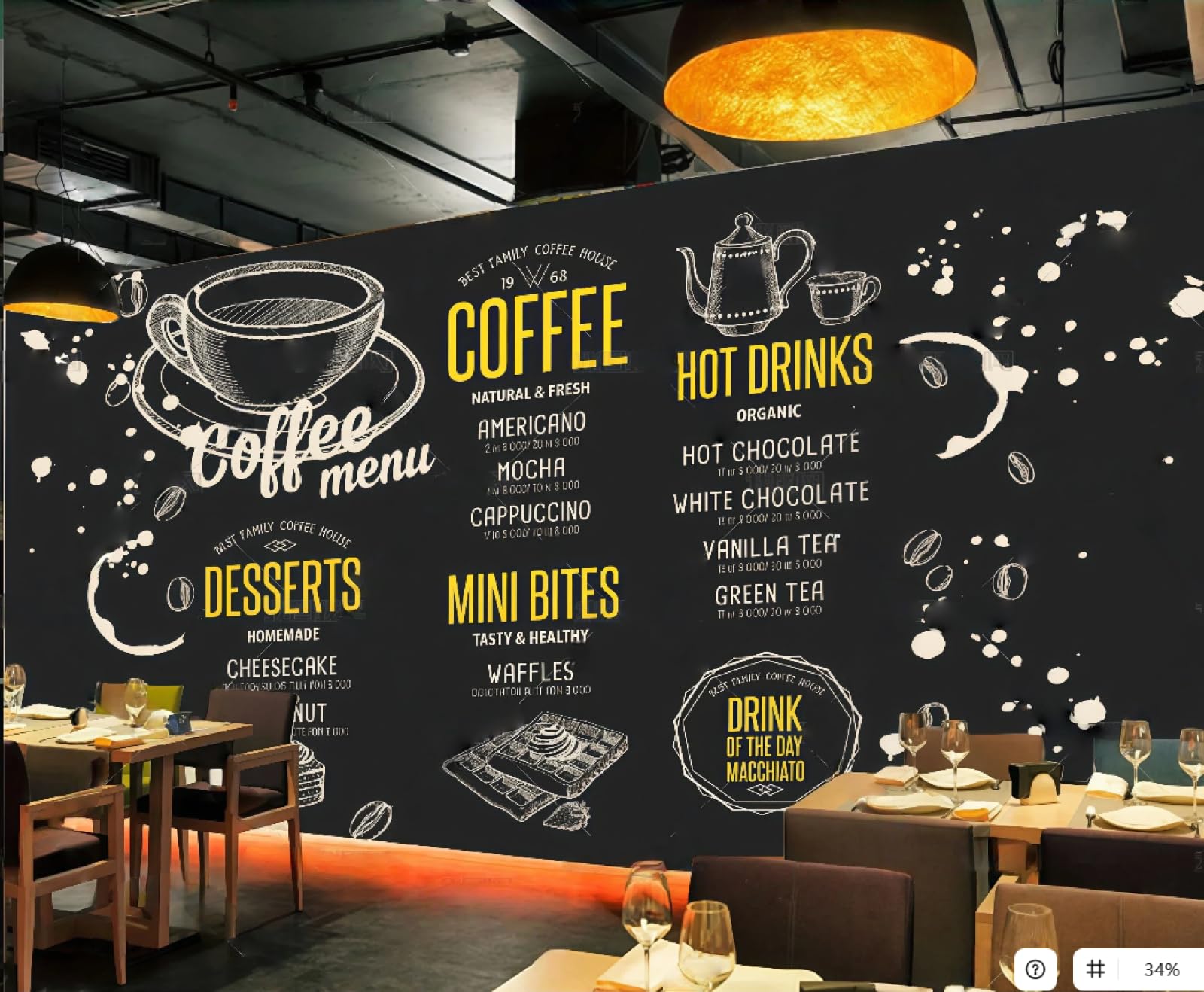 XDOUBAO Wallpaper Fashion Blackboard Hand-Painted Gourmet Dessert Coffee Menu Afternoon Tea Western Restaurant Background Wall Wallpaper Coffee Shop Mural,3D,300x210cm