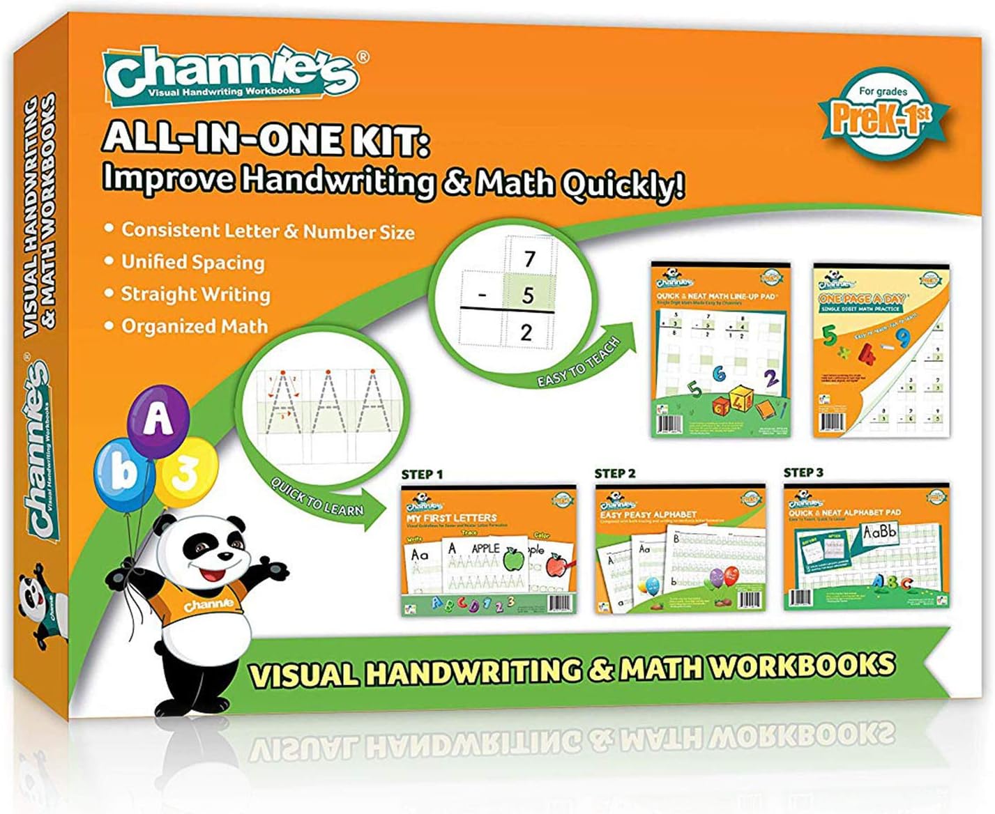 Channie’s All-In-One Visual Handwriting & Math Workbook Set for Pre-Kindergarten - 1st Grade Elementary School Students (5 Pack)