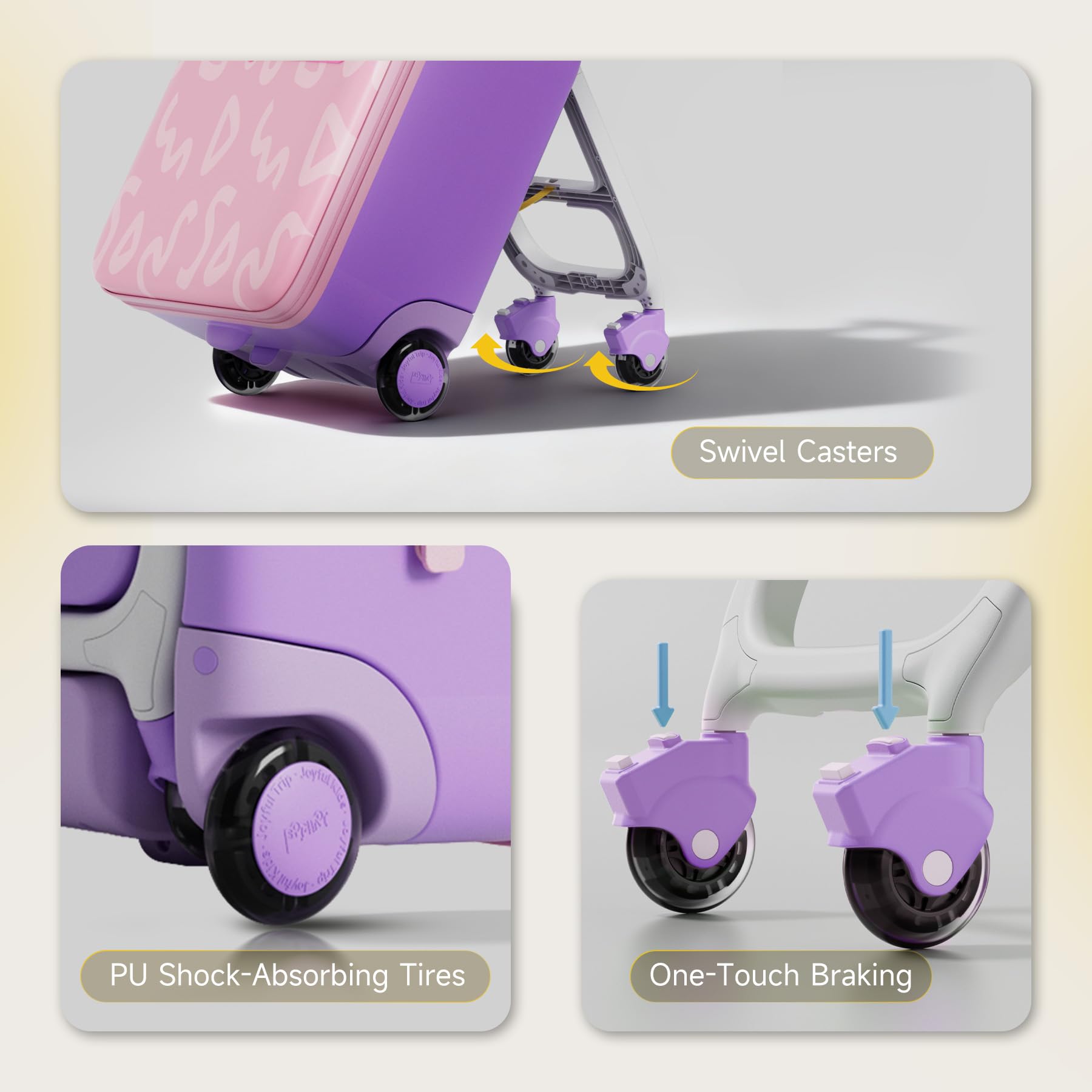Jovikids Kinderkoffer zum Draufsitzen, 3 in 1 32L Trolley Kinder mit Teleskopstange und 4 Rollen, Reisekoffer Kinder, Faltbar und abnehmbar, mehrere Fächer (Rosa)