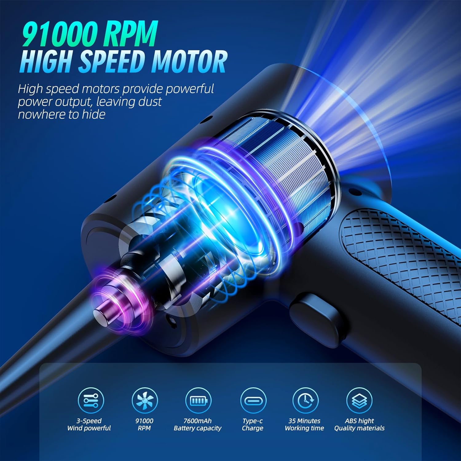 Achsan Powerful Compressed Air Duster,91000RPM High-Power Electric Air Blower for Dust Removal,Safe for Electronics, Keyboards, PC, Car Interiors,Reusable, Eco-Friendly & Ergonomic Design (Black)