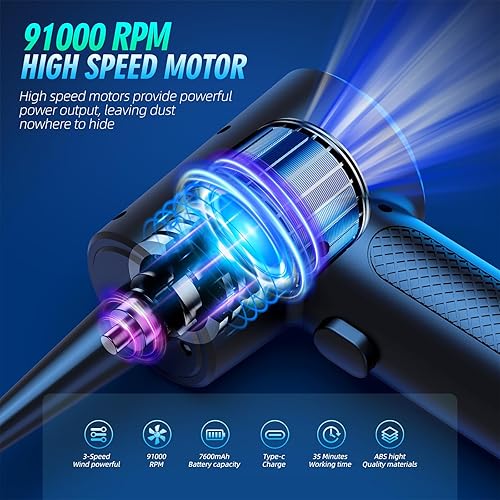 Miniatura 5 de Achsan - Potente plumero de aire comprimido para limpieza profunda, limpiador de teclado para limpieza de oficina, PC, recargable, 3 velocidades,