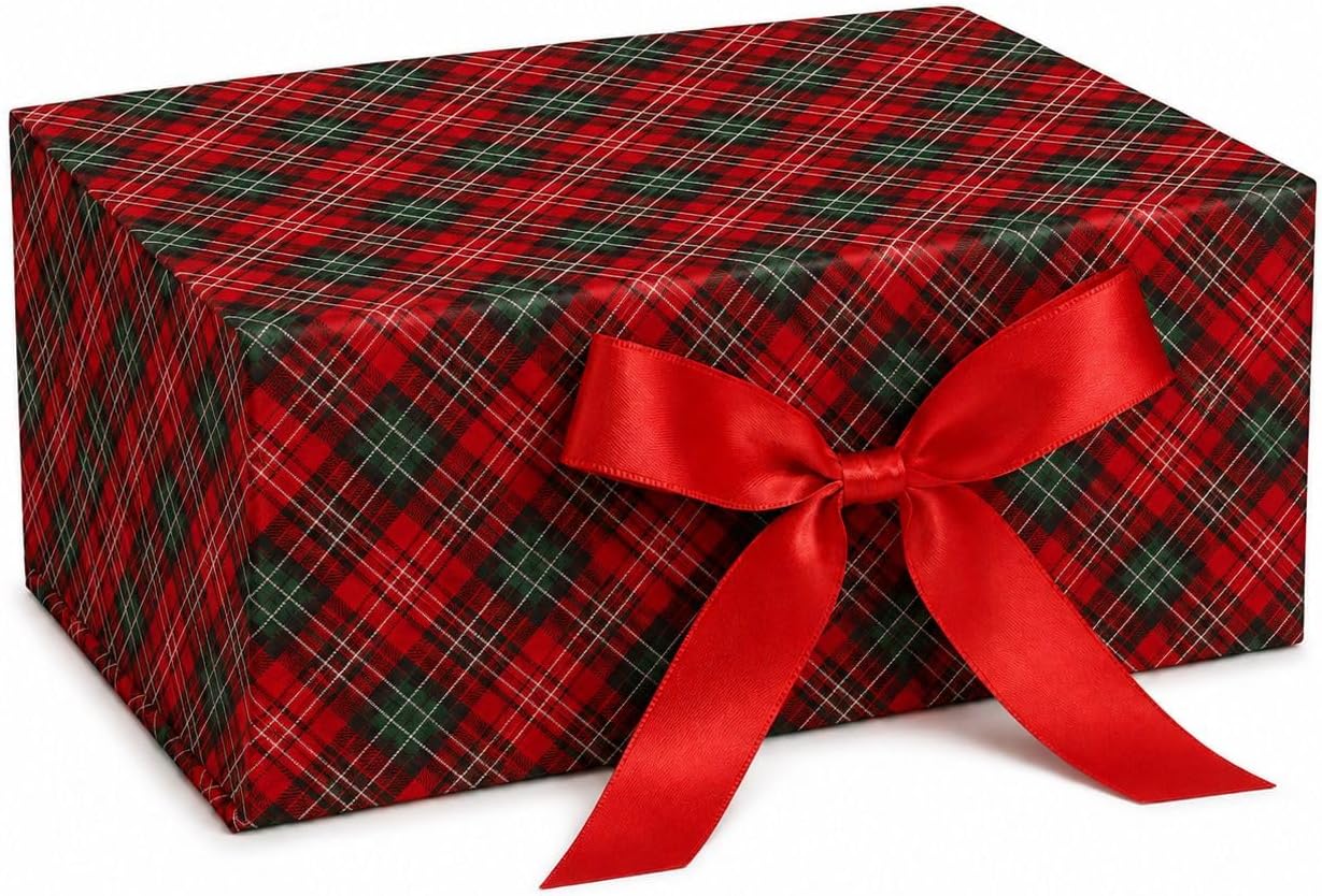 Luxury Magnetic Gift Box with Attached Lid & Ribbon – Foldable Reusable Holiday Packaging with Festive Designs (Red & Black Tartan Plaid, Medium)