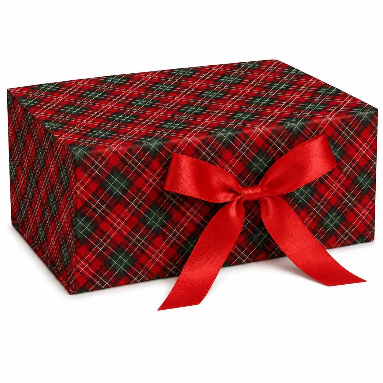 Luxury Magnetic Gift Box with Attached Lid & Ribbon – Foldable Reusable Holiday Packaging with Festive Designs (Red & Black Tartan Plaid, Medium)