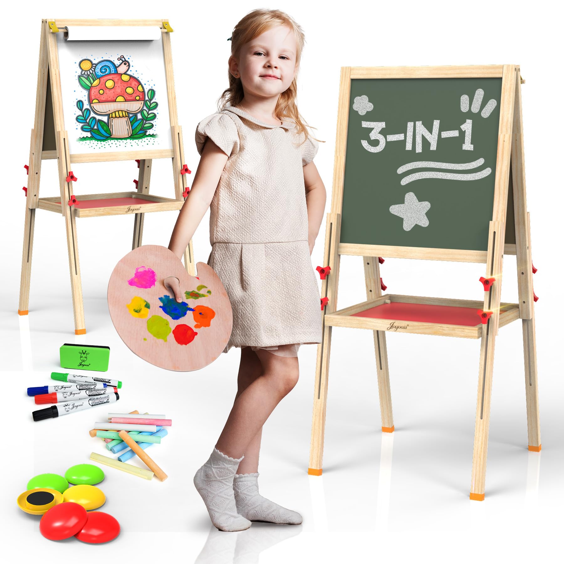 JOYOOSS Art Easel for Kids Ages 4-8 Easels for Toddlers,Toddler Art Kids Easel Adjustable Wooden Magnetic Whiteboard Chalkboard for Kid Dry Erase Board Easel for Toddlers 3-4 Years Dual-Sided Drawing