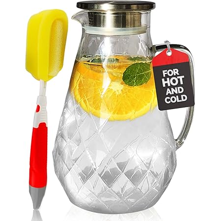 Amazon Com Glass Water Pitcher With Diamond Pattern And Tight Lid 72 Ounces Thicker Heat Resistant Borosilicate Glass Carafe With Free Brush In Christmas Ready Packaging By Pykal Beverage Serveware