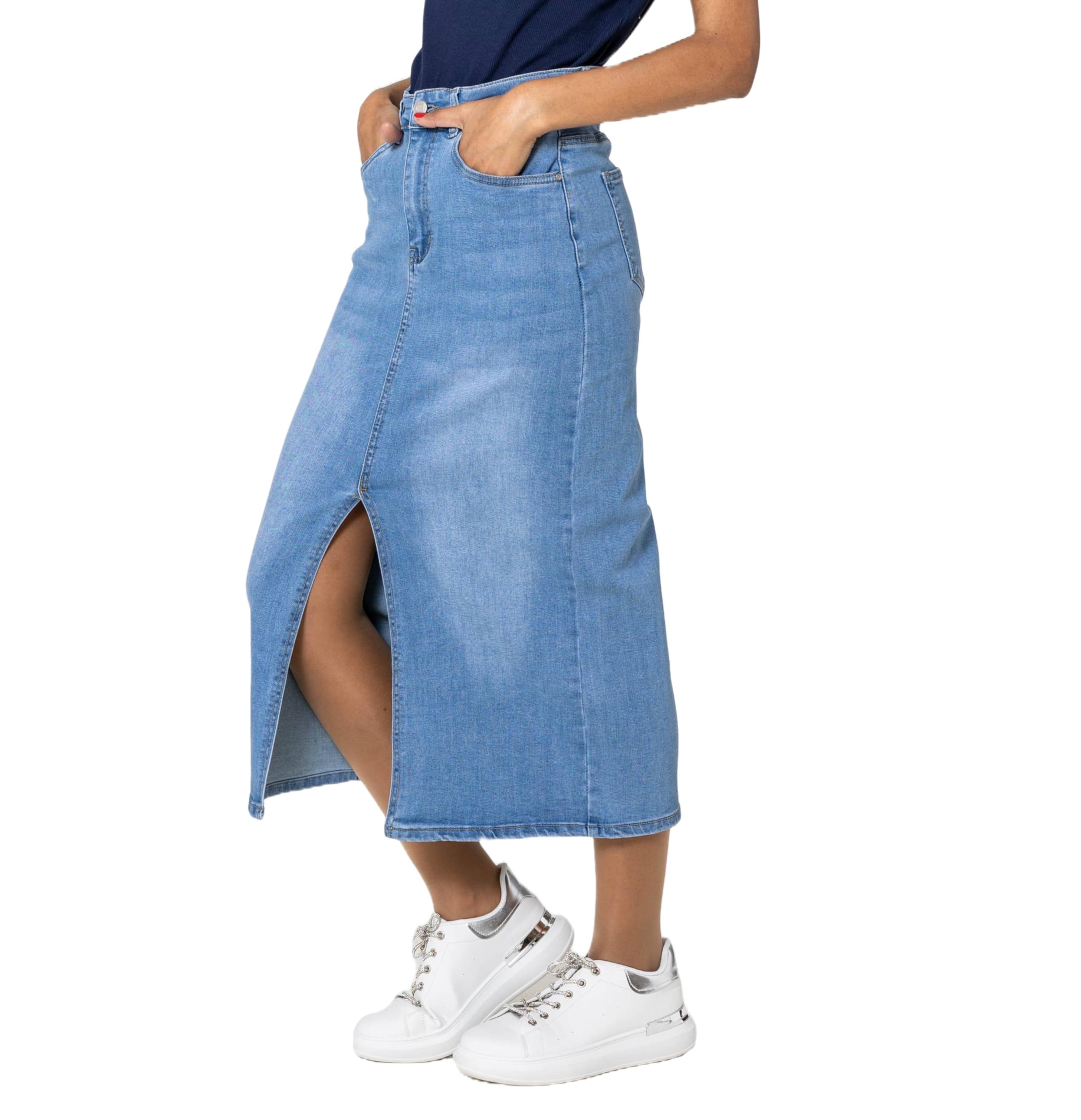 Nina Carter P215 Jupe en jean pour femme - Taille haute - Longueur mollet - Avec fente avant - Jupe longue - Fermeture éclair - Stretch - Look usé