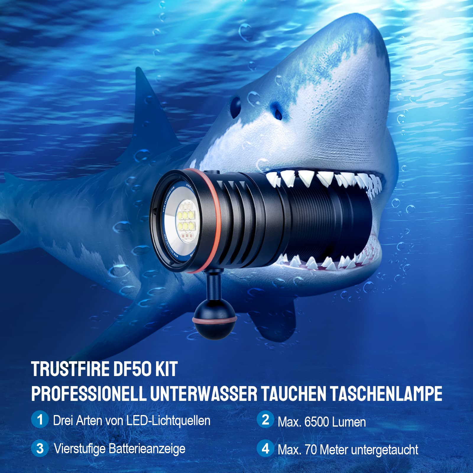 TrustFire DF50 KIT Unterwasser Tauchen Taschenlampe 6500 Lumen mit 1 x Akkupack Type-C USB aufladbar und Wasserdicht bis 70M - Professionell mit 3 Verschiedene LED-Typ für Fotografie