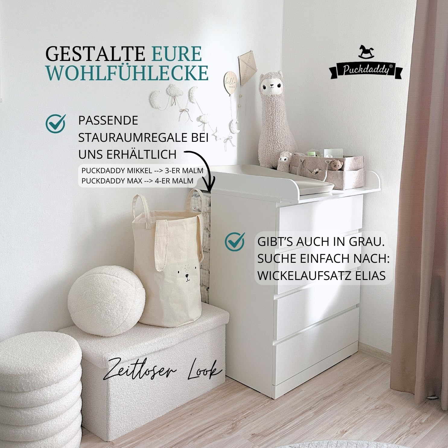 Puckdaddy® Moritz | Wickelaufsatz für IKEA Malm Kommode u.Ä. | weiß | 80x78x10 cm | Wickelauflage aus MDF-Holz | hochwertiger Premium Aufsatz als Wickelkommode | inkl. Montagematerial zur Wandmontage