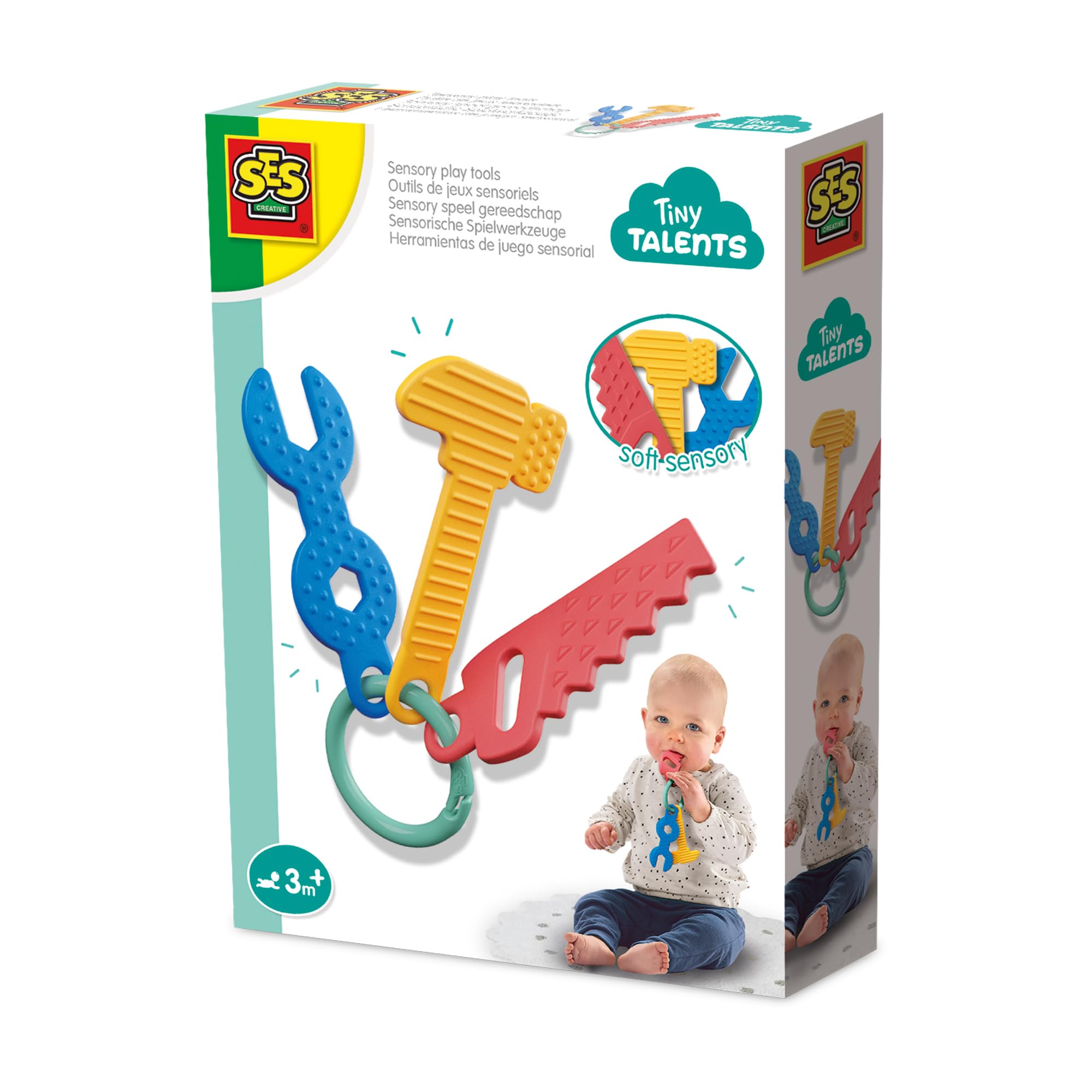 SES Creative 13165 Sensory Play Tools - Sensory Toy for Kids Aged 3 Months+ - Includes Soft Hammer, Wrench, and Saw on a Plastic Ring - Made from Safe, Soft Plastic