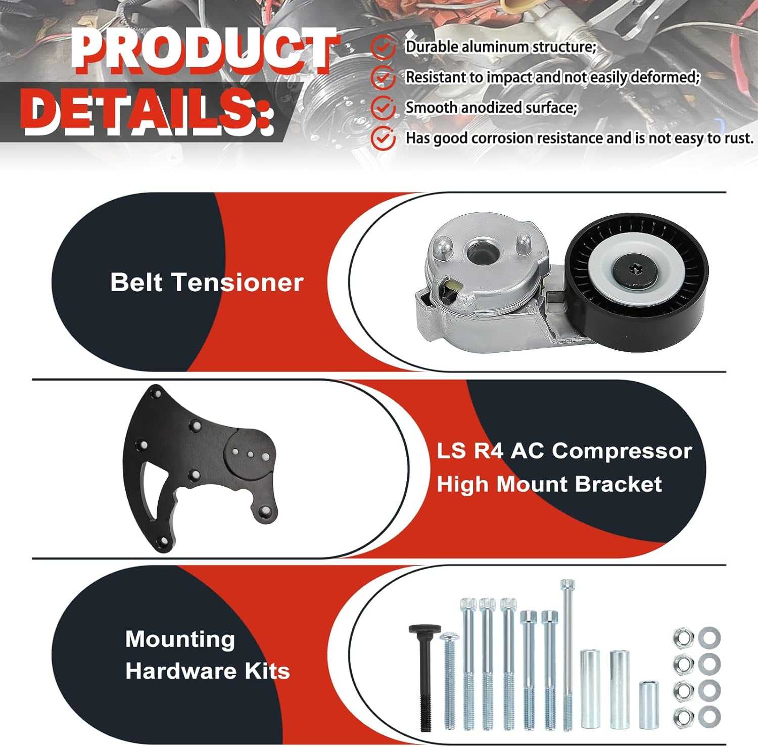 LS Swap R4 AC Compressor High Mount Bracket Kit with Belt Tensioner Compatible with Chevrolet GMC SUV Truck Vortec Engines LS1 LS2 LS3 LS6