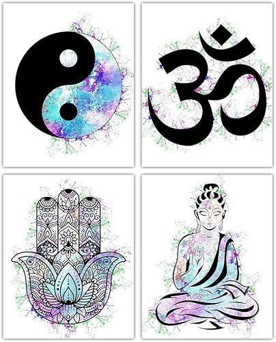 Positive Affirmations Wall Decor for Kids: Yin and Yang, Om, Hamsa Hand of Fatima, Buddha - Set of 4, 8x10 Inspirational, Motivational Poster &