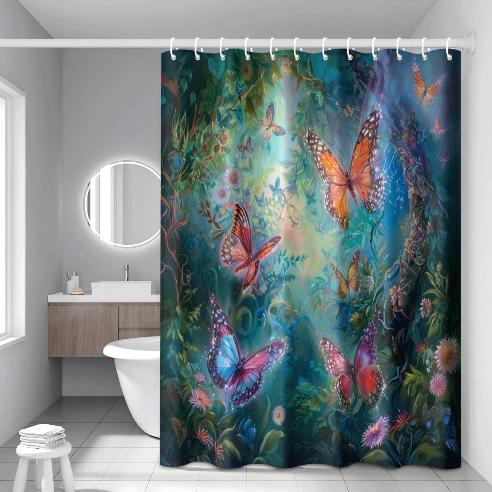 Rideau de douche arbre et insecte orange 180x200 cm en polyester lavable pour baignoire