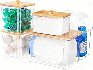 iCASA Trash Bag Dispenser Dishwasher Pods Container Under Sink Organizer | 5 in 1 Stackable Trash Bag Holder Garbage Bag Dispenser for 13/30/33 Gallon Bags, Clear Storage Bins Laundry Pods Container