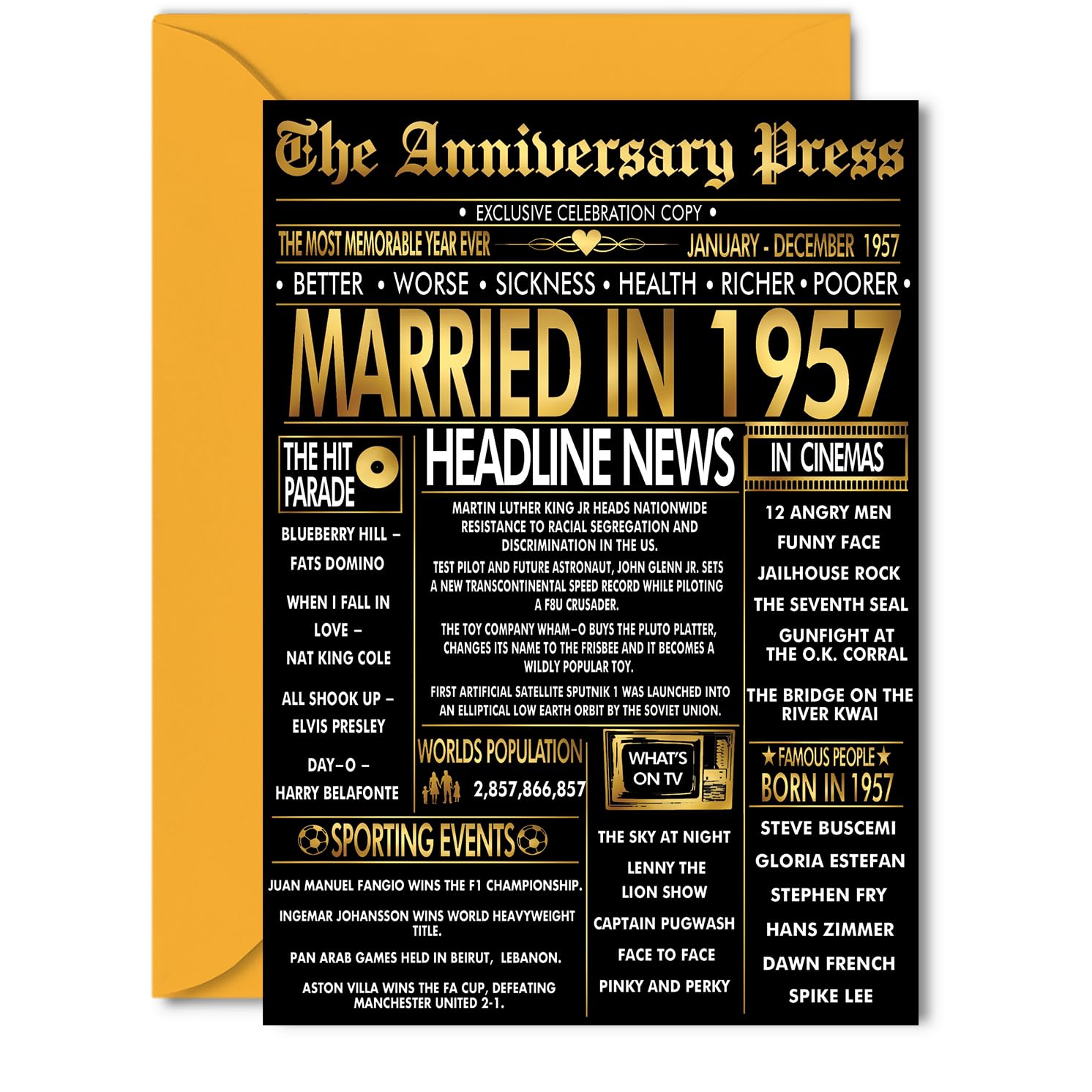 Gold 69th Anniversary Card for Women Men - Golden Newspaper Married in 1957-69 Year Wedding Anniversary Card for Wife Companion Husband Partner, 5x7 Inch Anniversaries Greeting Cards